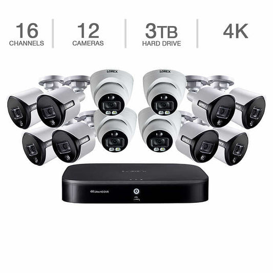 Lorex 16-channel 4K UHD DVR Surveillance System with 3TB and 8 4K UHD Active Deterrence Bullet Cameras and 4 4K UHD Deterrence Dome Cameras DK163-88DA-48XC