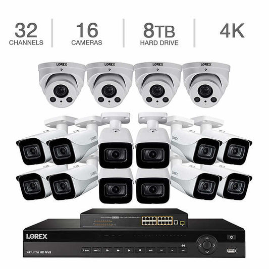 Lorex 32-channel 4K NVR Surveillance System with 8 TB HDD and 12 UHD 4K Bullet Cameras and 4 UHD 4K Dome Cameras with Audio TN81388BC8F4
